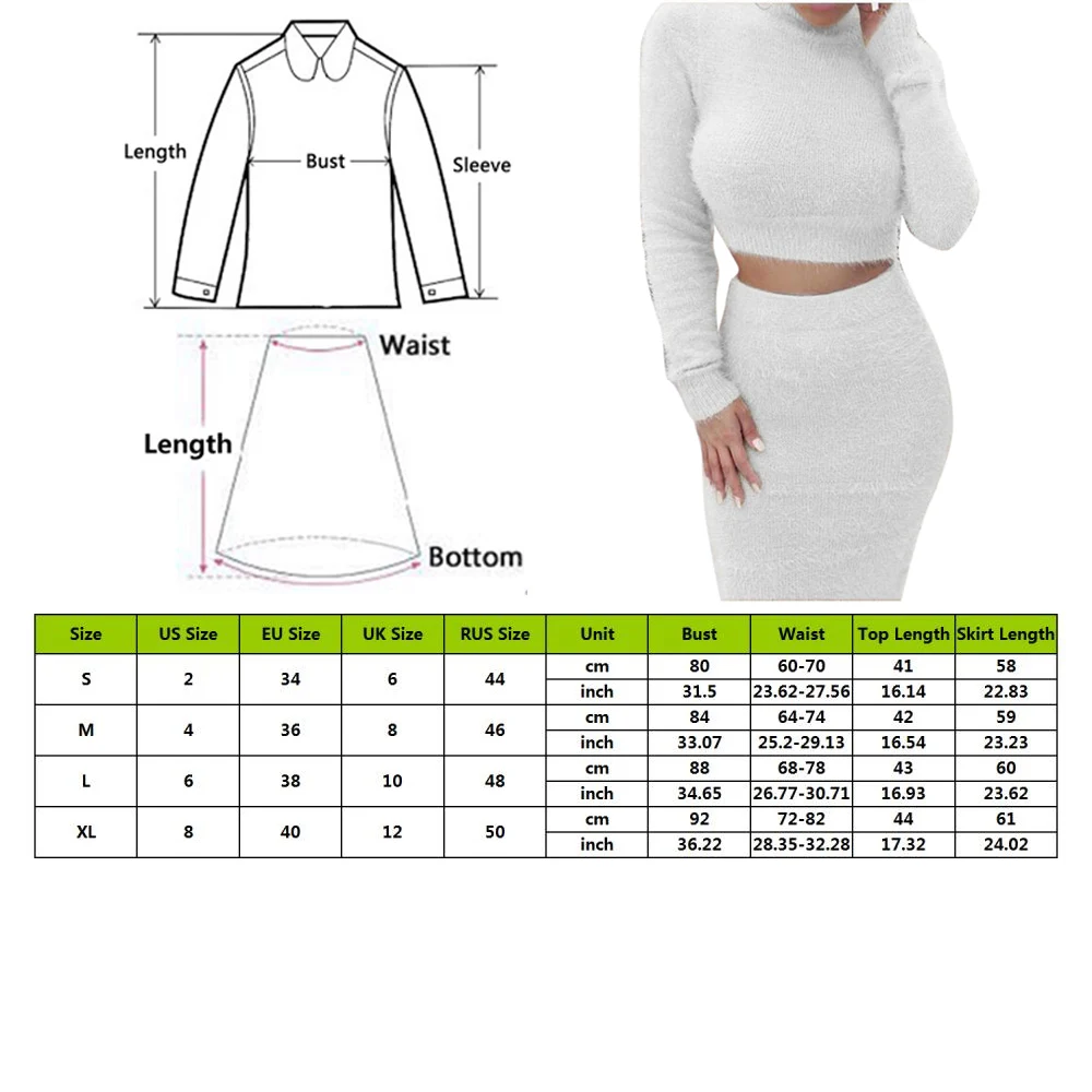 

Plush 2 Pieces Sets Women Sweater And Skinny Skirt Suit Long Sleeve Fleece Tops Bodycon Skirt 2 Pieces Set Knitted Tracksuit