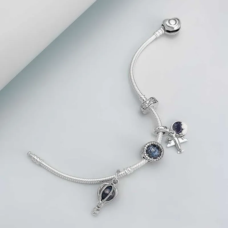 

925 Sterling Silver Hot Air Balloon Aircraft Pendant With Heart-shaped Buckle Bracelet Fit Original Pan Charm Diy Jewelry