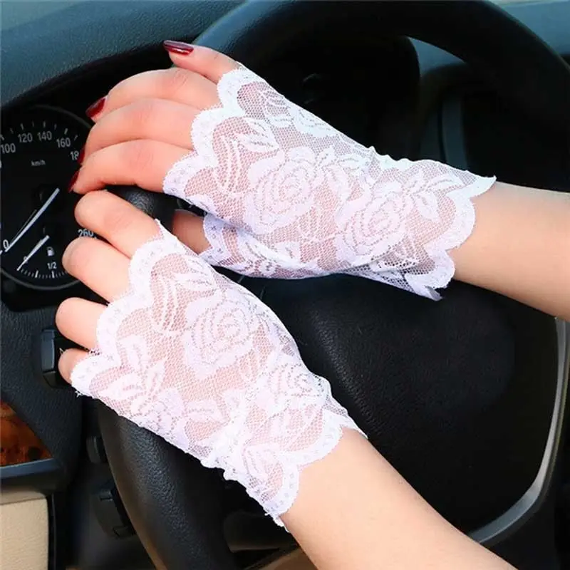 

Hot Fashion Women Sexy Lace Sunscreen Fingerless Gloves Driving Anti-UV Party Gloves Black White Color