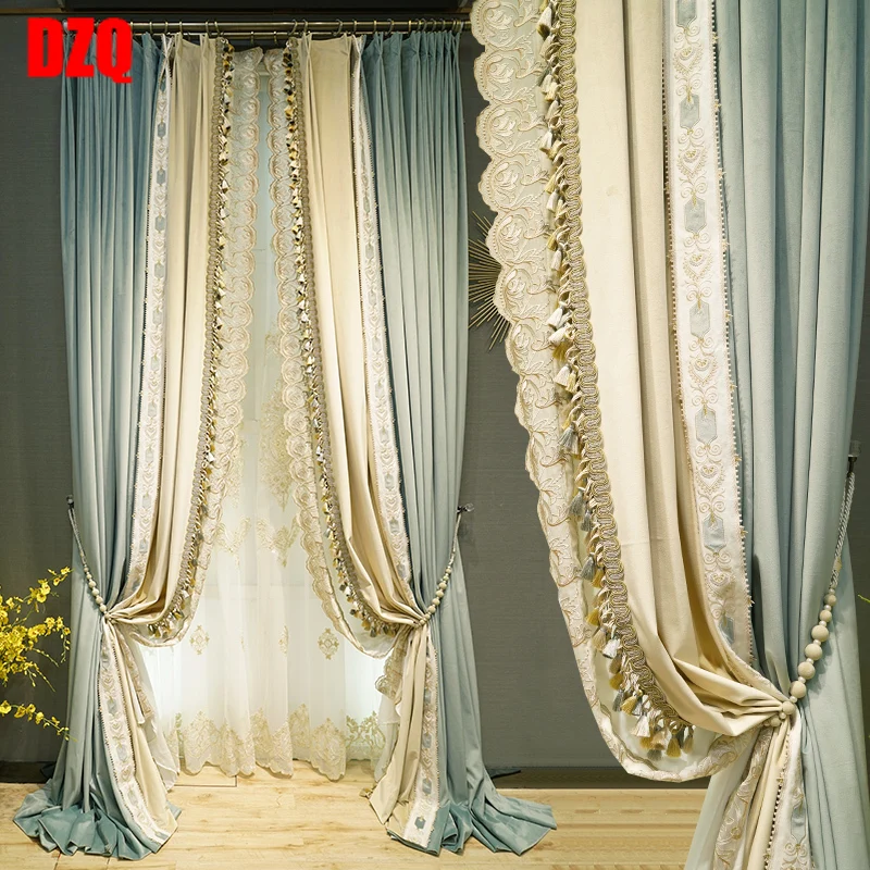 

Luxurious French New haze blue living room curtain velvet embroidery Beige splicing simple bedroom shading Villa curtain living