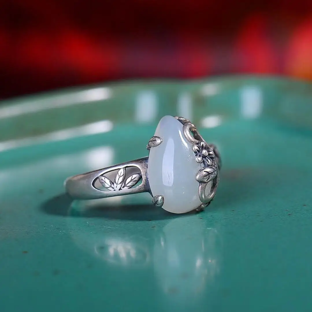 

Natural 925 Silver Inlaid Hetian Jade Drop Ring