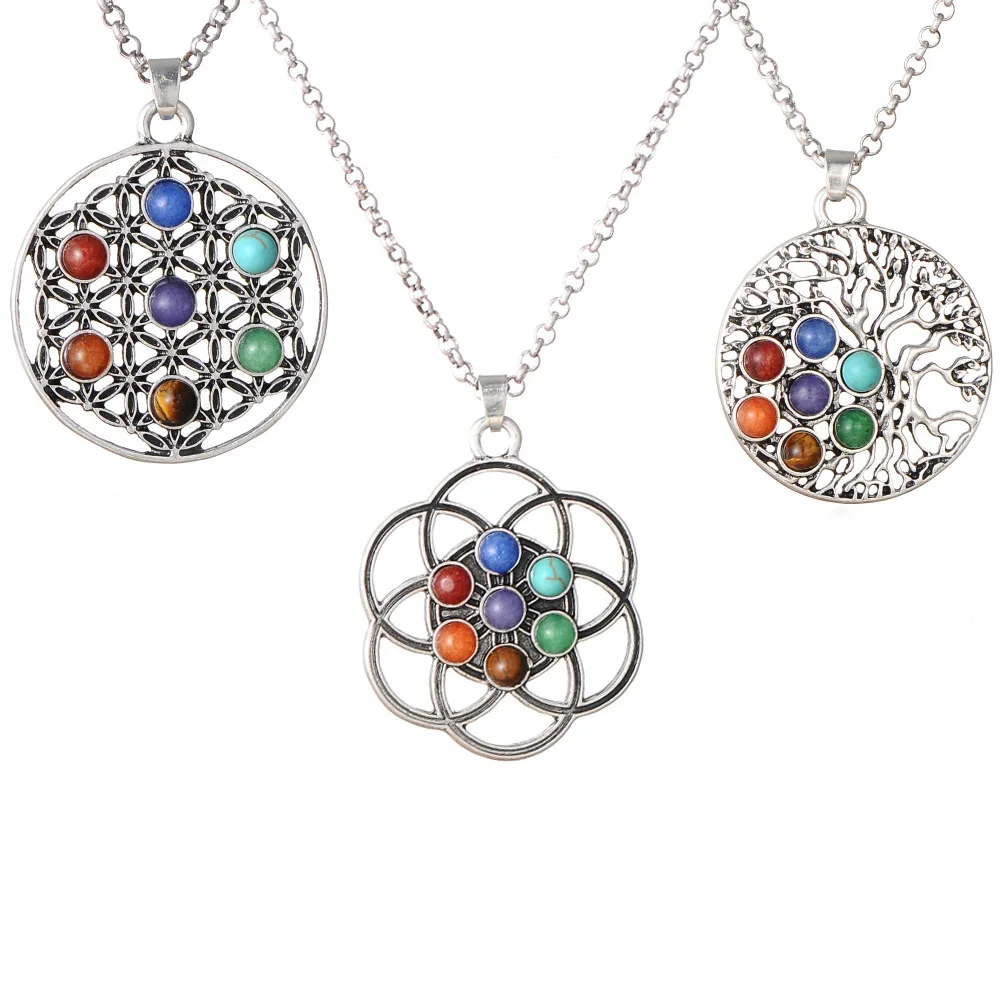 

Female Seven Chakra Natural Stone Pendant Necklace Ancient Silver Chain Jewelry Men and Women Accessories Exquisite MultiColor