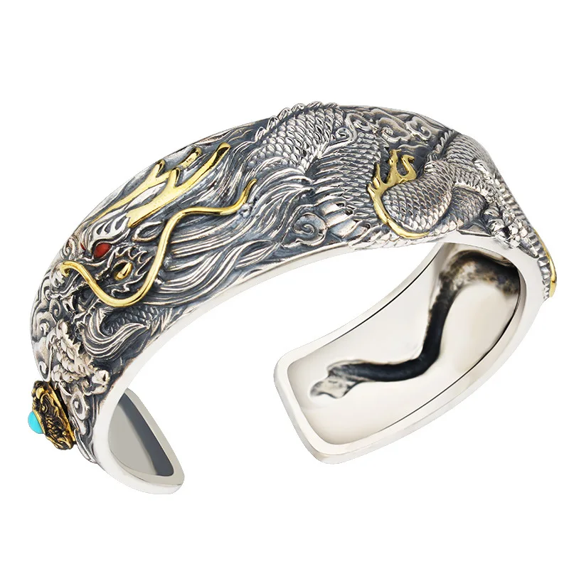 

Hot Retro Dragon-Shaped Silver Color Open Bracelet Men's Punk Bracelet Rock Hip-Hop Locomotive Party Domineering Bracelet