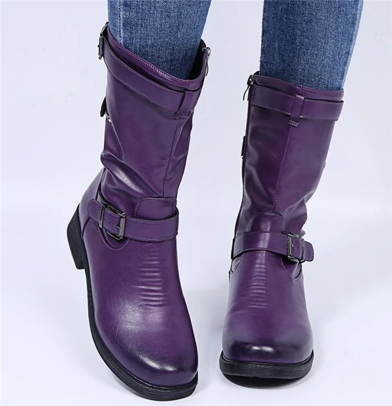 

2021 Autumn Winter New Women's Simple Low Heel PU Round Head Side Zipper Women's Boots Middle Tube Belt Buckle Decoration