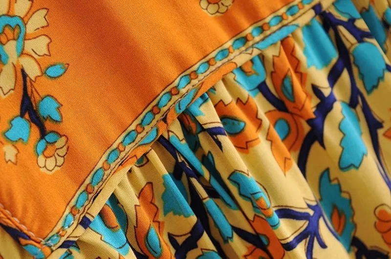 Женское платье с длинным рукавом длинное оранжевое в этническом стиле цветочным