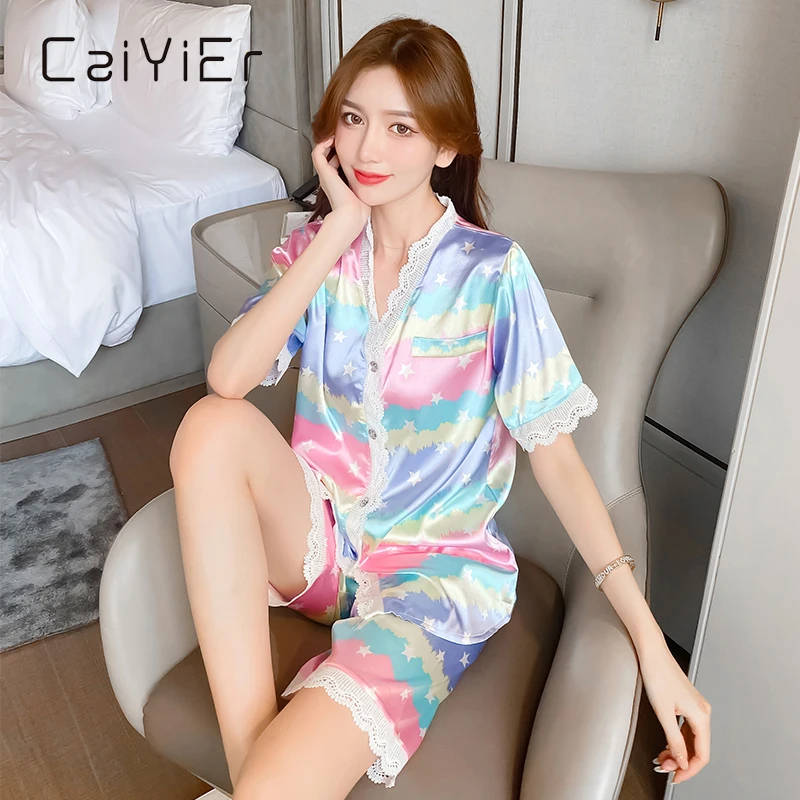 

CAIYIER Summer 2021 Women Satin Ice Silk Pajamas Short Sleeve Shorts Sleepwear Set Pure Lace Print Sexy Elegance Pyjamas Female