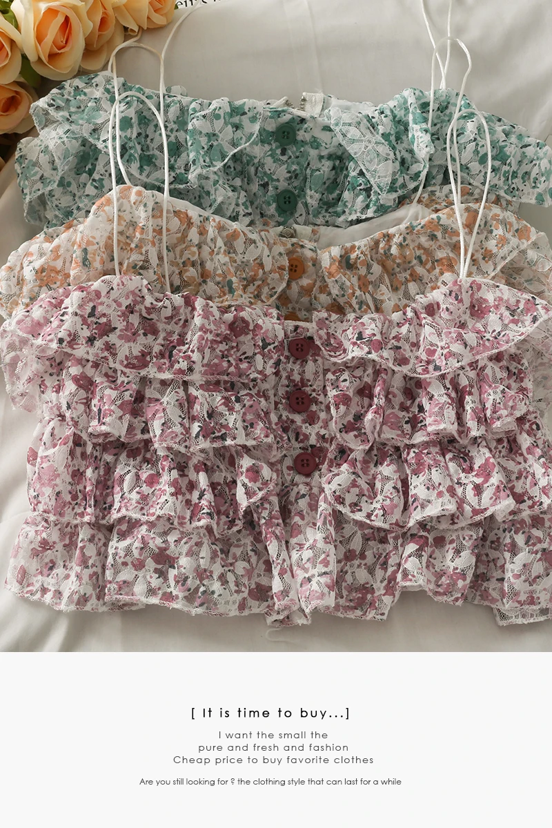 

2021 summer sweet print ruffled short cropped vest fairy back zipper lace camisole