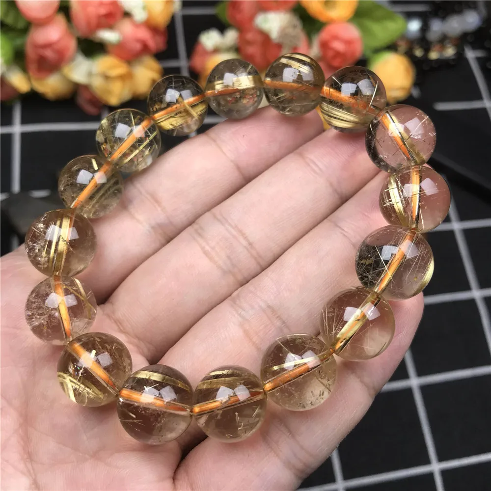

13mm Genuine Natural Brazil Gold Rutilated Titanium Bracelet Jewelry For Women Men Crystal Round Beads Stretch Bracelet AAAAA