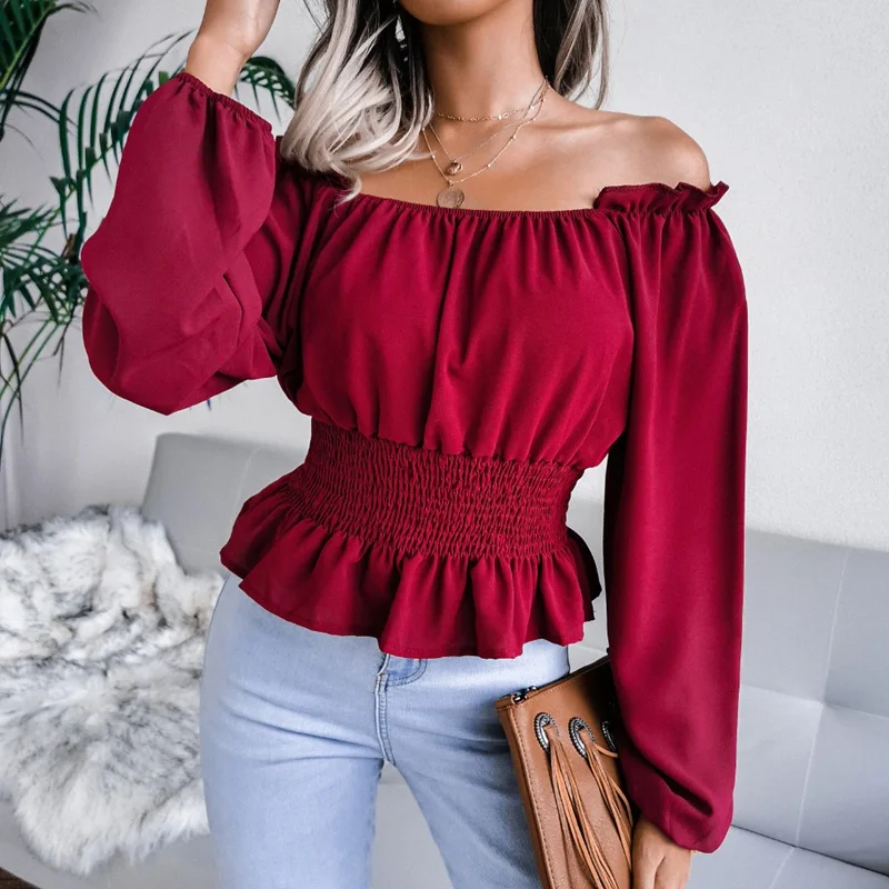 

2021 Women New Spring Sexy Slash Neck Off Shoulder Ruffled Chiffon Casual Tops For Ladies Fashion Solid Color Waist Blouses