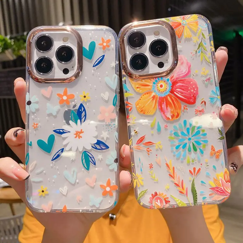 

INS Luxury Electroplated Color Chic Flower Art Leaf Leopard Clear Phone Case For iPhone 13 12 11 Pro XS MAX XR X Hard Back Cover
