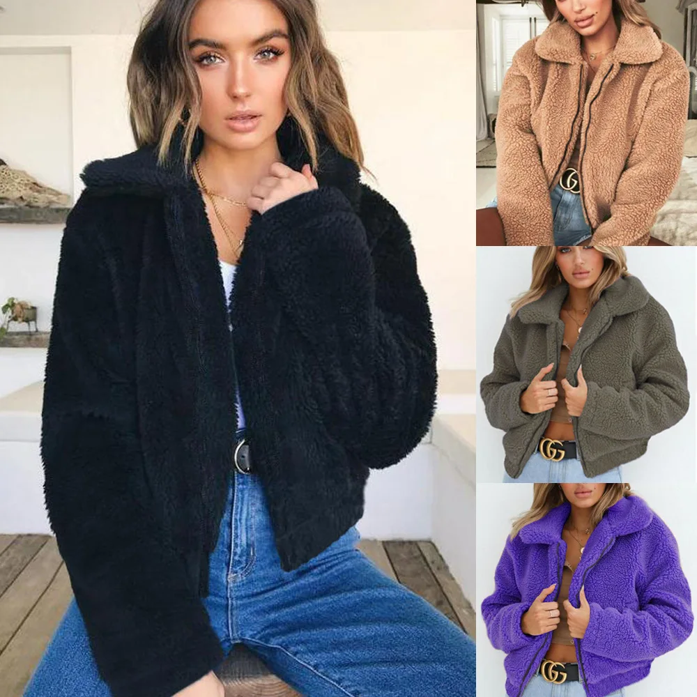 

Autumn Winter Short Lamb Wool Camel Color Thick Warm Lapel Soft Plush Coat Women Faux Fur Jacket Turn-down Collar