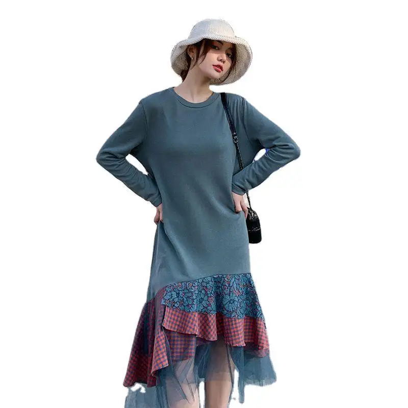 

Women's Dress Spring Summer 2021 New Korean Fashion Fake Two Pieces Plaid Stitching Ruffled Loose Round Neck Fishtail Dress 9X