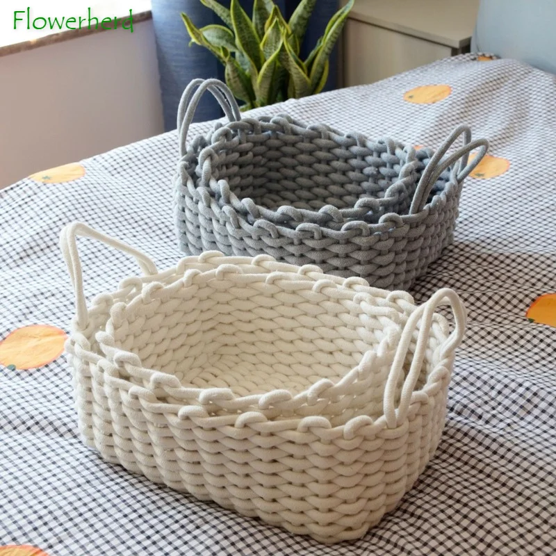 

Storage Baskets Woven Basket Nordic Cotton Thread Hand-woven Desktop Storage Basket Sundries Snack Storage Basket Home Organizer