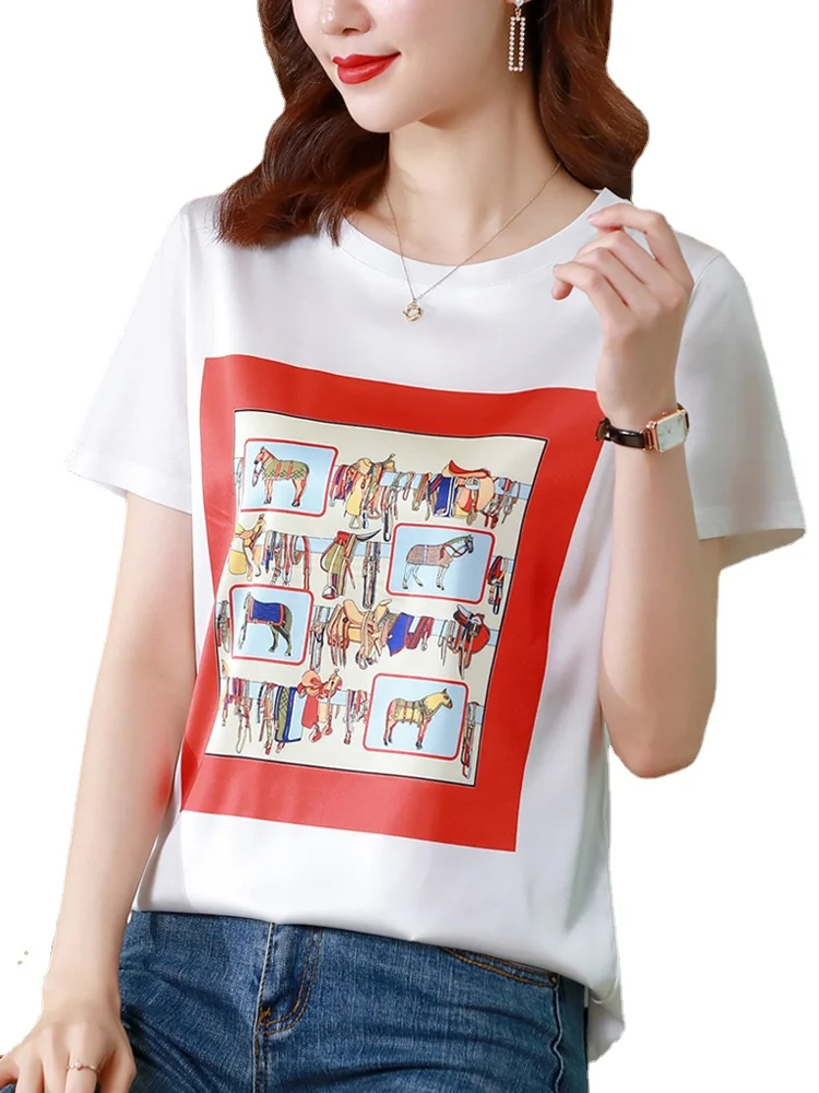 

Женская атласная футболка в стиле пэчворк, атласная футболка с коротким рукавом и цветочным принтом, европейские женские топы, лето 2021