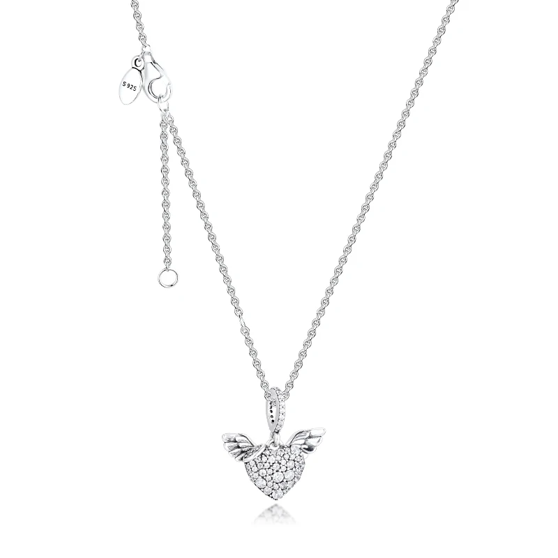 

Authentic 925 Sterling Silver Pave Heart & Angel Wings Necklaces for Women Collier Pendant Necklace Jewelry Pendentif Argent