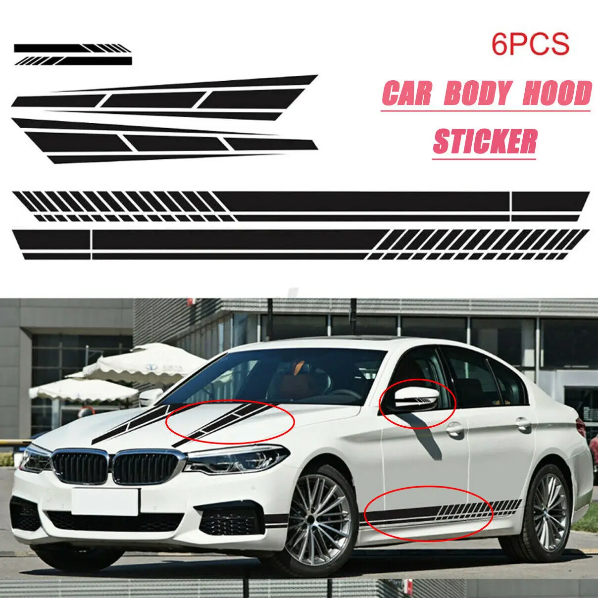 

6pcs/Set Brand New Long Stripe Graphics Car Side Body Stickers Hood Rearview Mirror Vinyl Decal Black Sticker