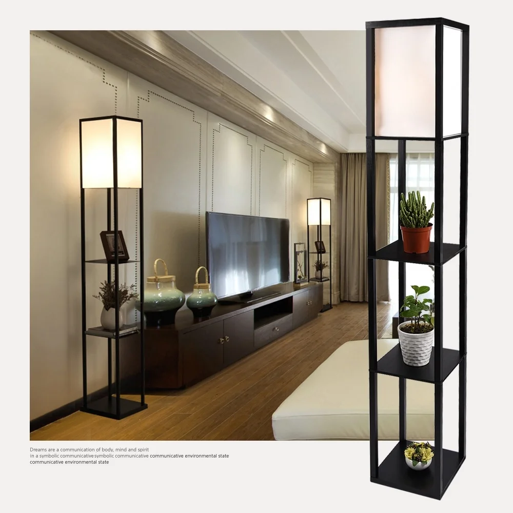 Напольная деревянная полка тканевый светильник с затенением для хранения