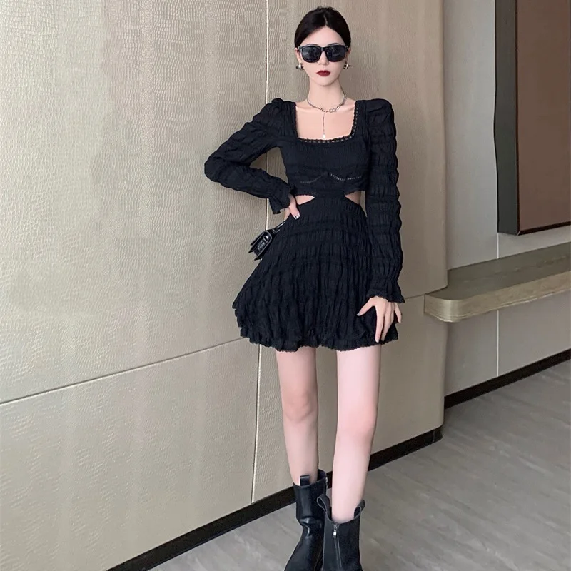 

"Mini Long Sleeve Dresses Sexy Black Dress Women Chic Hollow Out Square Collar Patchwork Fairy Dress 2021 Autumn New Clothing