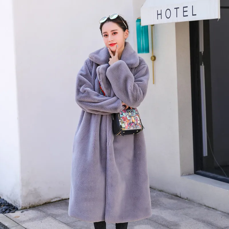 

Winter Women Faux Rabbit Fur Coat Luxury Long Fur Coat Loose Fit Lapel Overcoat Thick Warm Parka Trench Coats Outwear
