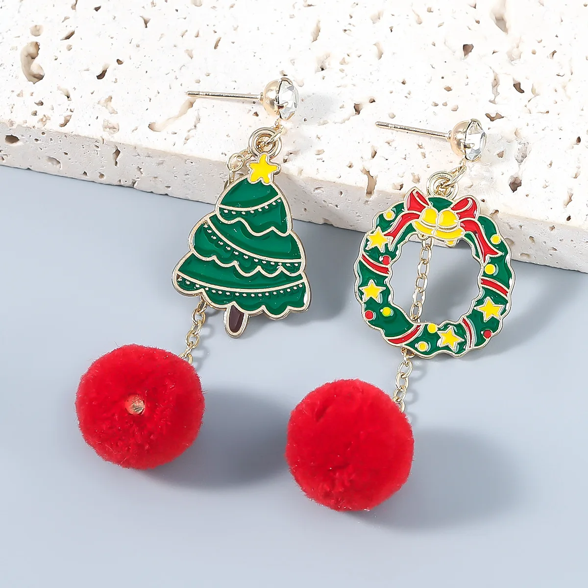 

2021 Trendy Enamel Geometric Christmas Tree Hairball Long Dangle Earrings Christmas Holiday Party Jewelry For Women Drop Earring