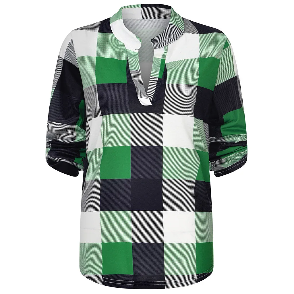 Женская Повседневная клетчатая рубашка из хлопка с длинным рукавом и v-образным