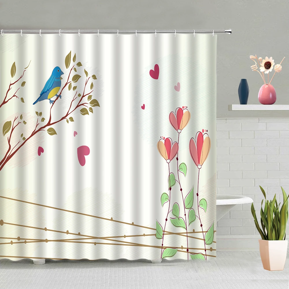 

Color Flowers Winter Snowflake Tree Elk Bird Picture Decoration Bathroom Shower Curtain Waterproof Polyester Fabric Belt Hooks