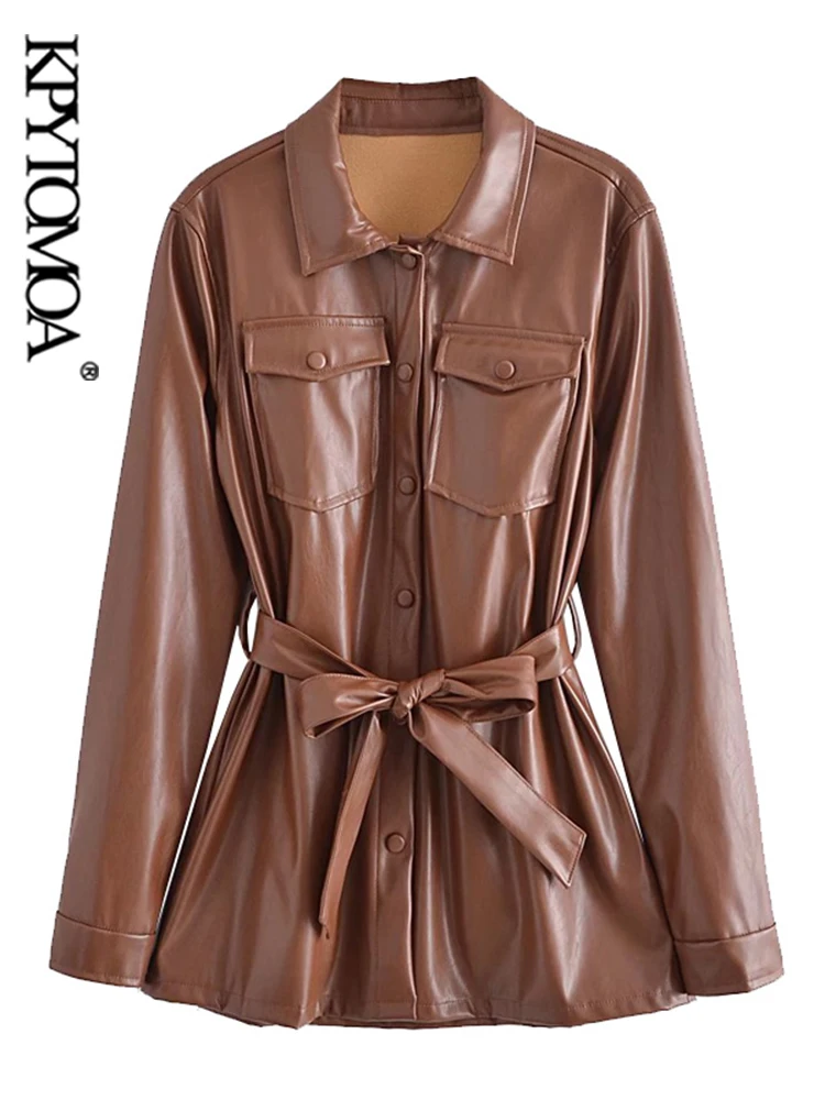 

Куртка KPYTOMOA женская с поясом, модный Свободный пиджак из искусственной кожи, винтажная верхняя одежда с длинными рукавами и карманами, шика...
