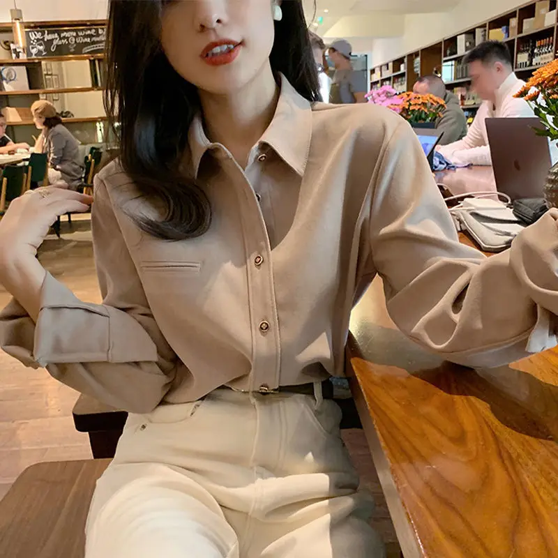 2021 New Spring Autumn Women Solid Long Sleeve Vintage Blouse Turn-Down Collar Loose Top Button Up Shirt Feminina Blusa Clothes