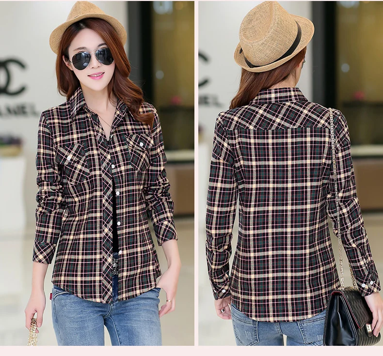 Women Plaid Shirt Checks Flannel Female Long Sleeve Tops Blouse 2019 Spring New Fashion Casual Lapel Plus Size 4XL Blouses | Женская
