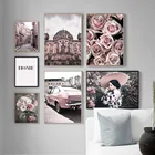 Фотообои с изображением розы, розовых автомобилей, уличных девушек