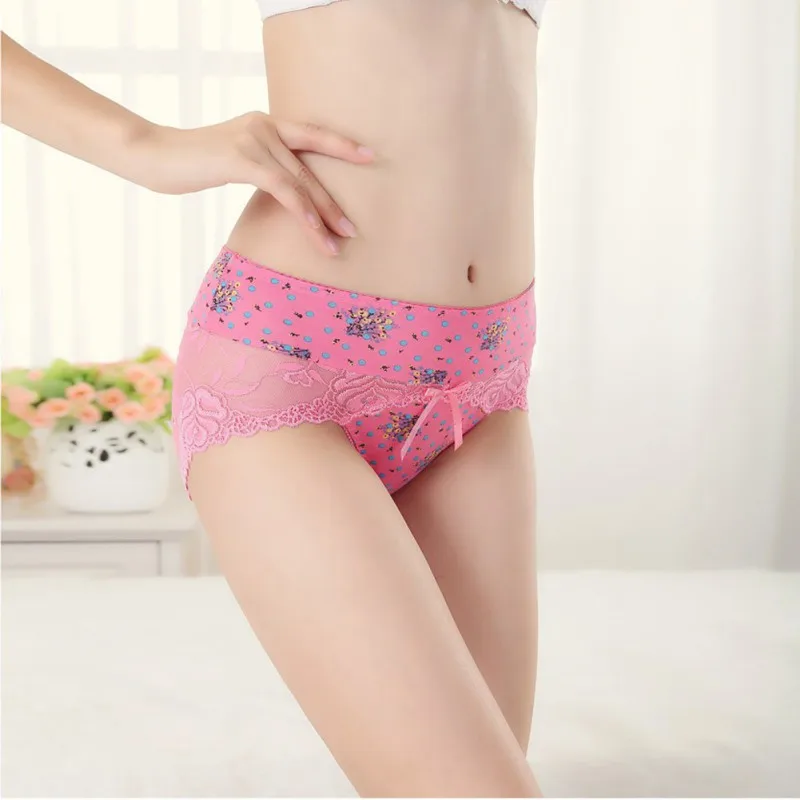 

Ladies Sexy Seamless Lace Mid-Waist Panties Transparent Hollow Printing Modal Bow Comfortable Underwear Thin Breathable Briefs