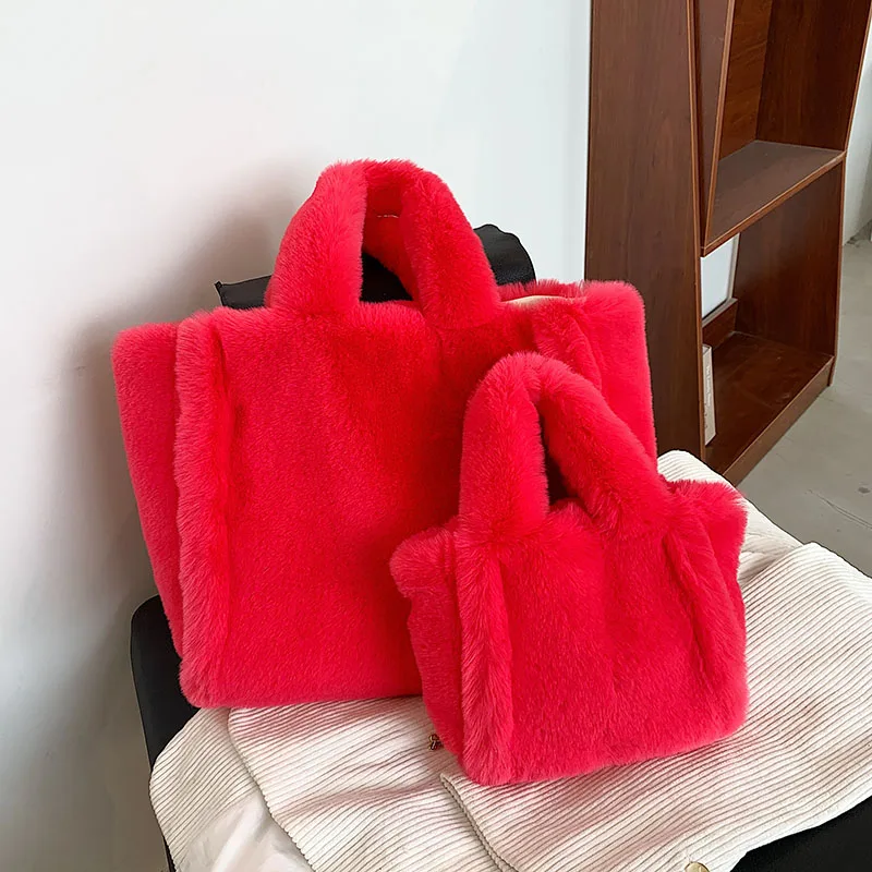 Fashion Large Tote Bag Luxury Faux Fur Women Handbags Designer Lady Hand Bags Fluffy Soft Plush Shopper Bag Warm Winter Sac 2021