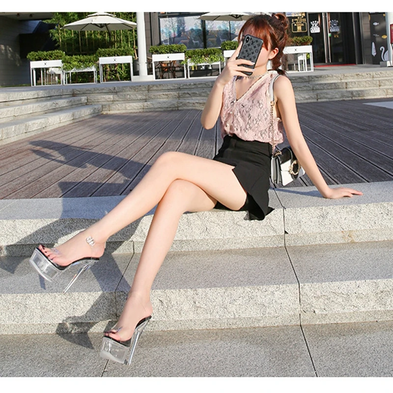 

SIMLOVEYO New 2021 Women Sandals Peep Toe 14cm High Thin Heels Transparent Platform Models Buckle Luxury Sexy Club Summer B2279