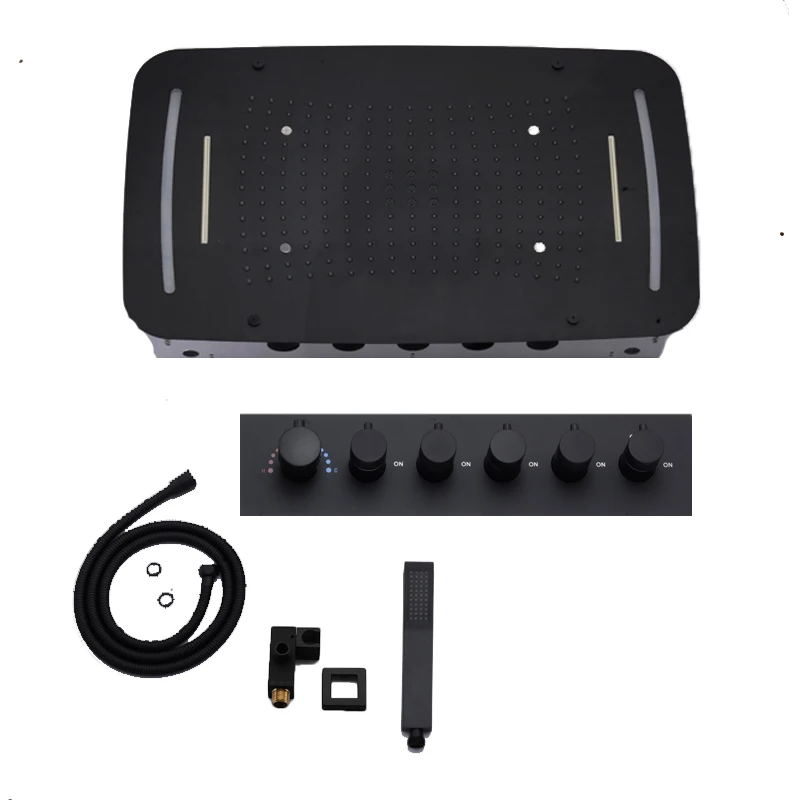 

Black Bathroom Shower Set LED Large Rain Mist Waterfall 4 functions shower head Thernostatic Mixer