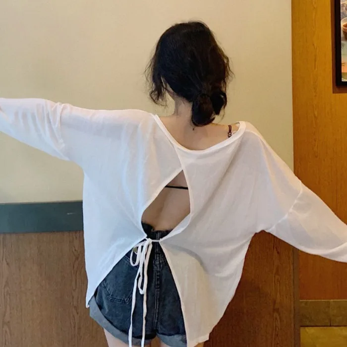 Женская модная футболка с длинным рукавом Свободный Топ со шнуровкой и открытой