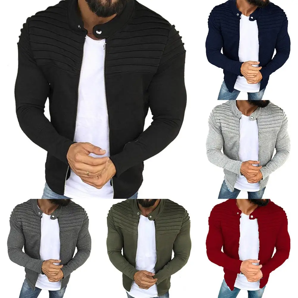 

Fashion Men Slim Solid Fit Color Pleated Long Sleeve Zip Up Jacket Coat Outwear
