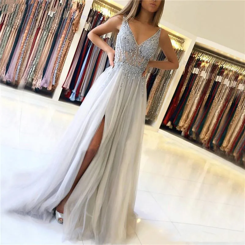 

Luxury Beaded Crystal V-Neck Tulle Evening Dresses 2020 Silt Side Long Prom Dresses Custom Made Formal Party Gowns For Girls