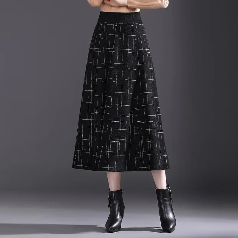 

Elegant Plaid Big Swing Knitted Skirt for Women Autumn Winter Vintage High Waist Loose Casual A-line Thick Long Skirts Lady 9105