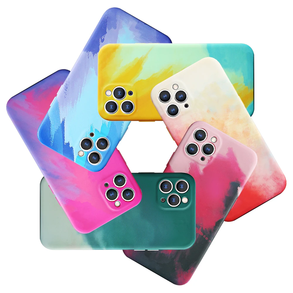 

Liquid Silicone Luxury Square Watercolor Case For iPhone 11 12 Pro Max X XR XS Max Colorful Gradient Soft Cover