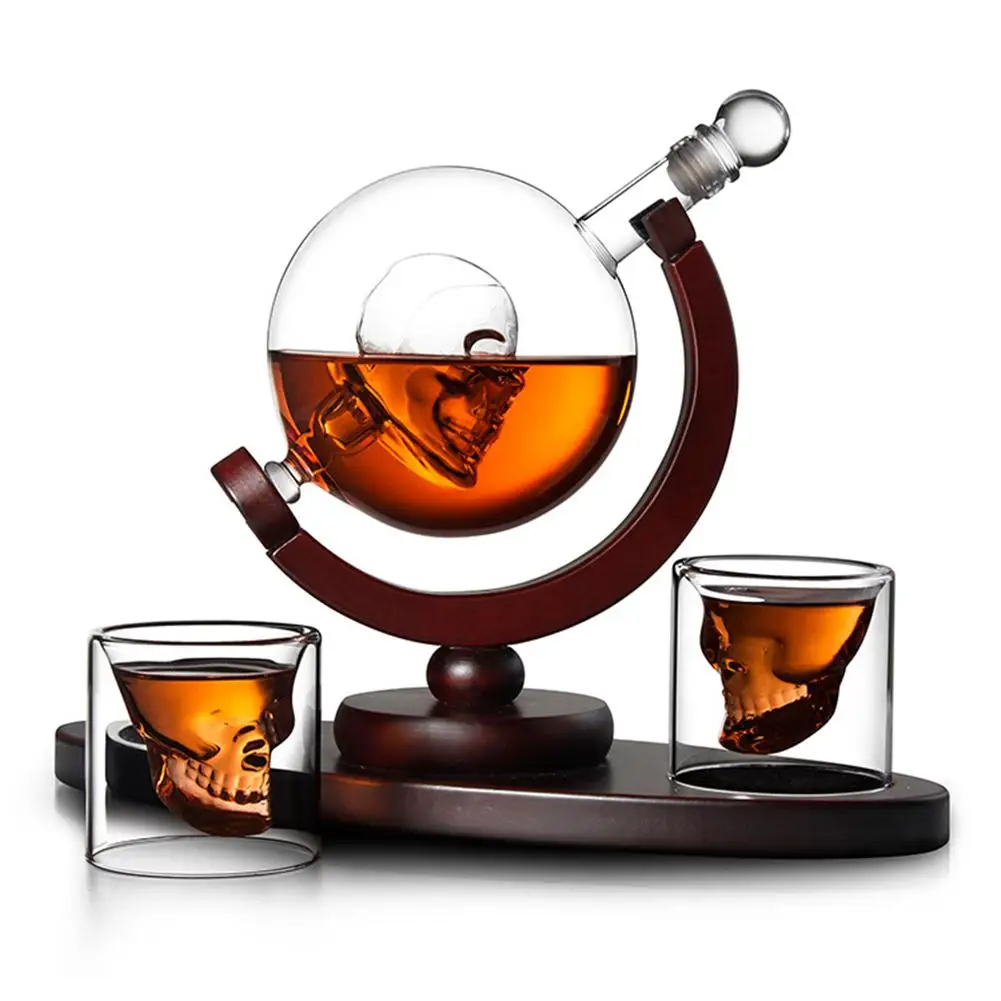 

850ml Whiskey Decanter Set Skull Vodka Globe Decanter with 2 Glasses Liquor Dispenser with Wood Stand for Bourbon