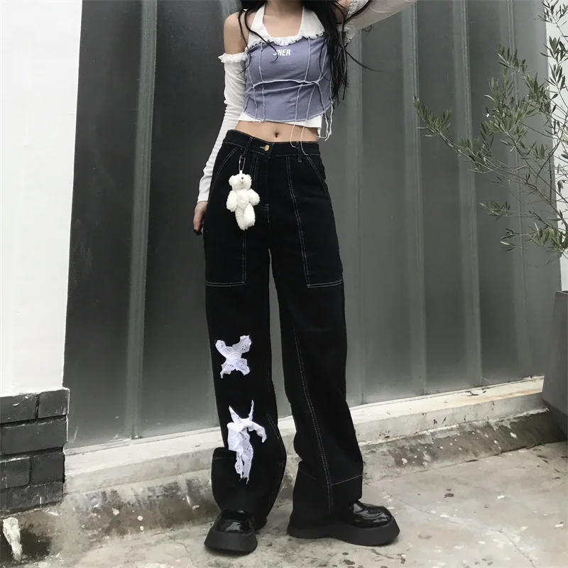 

High Waist Women Jeans Harajuku Streetwear Patchwork Design Straight Baggy Wide Leg Fashion Trend New 2021 Summer Denim Trouser
