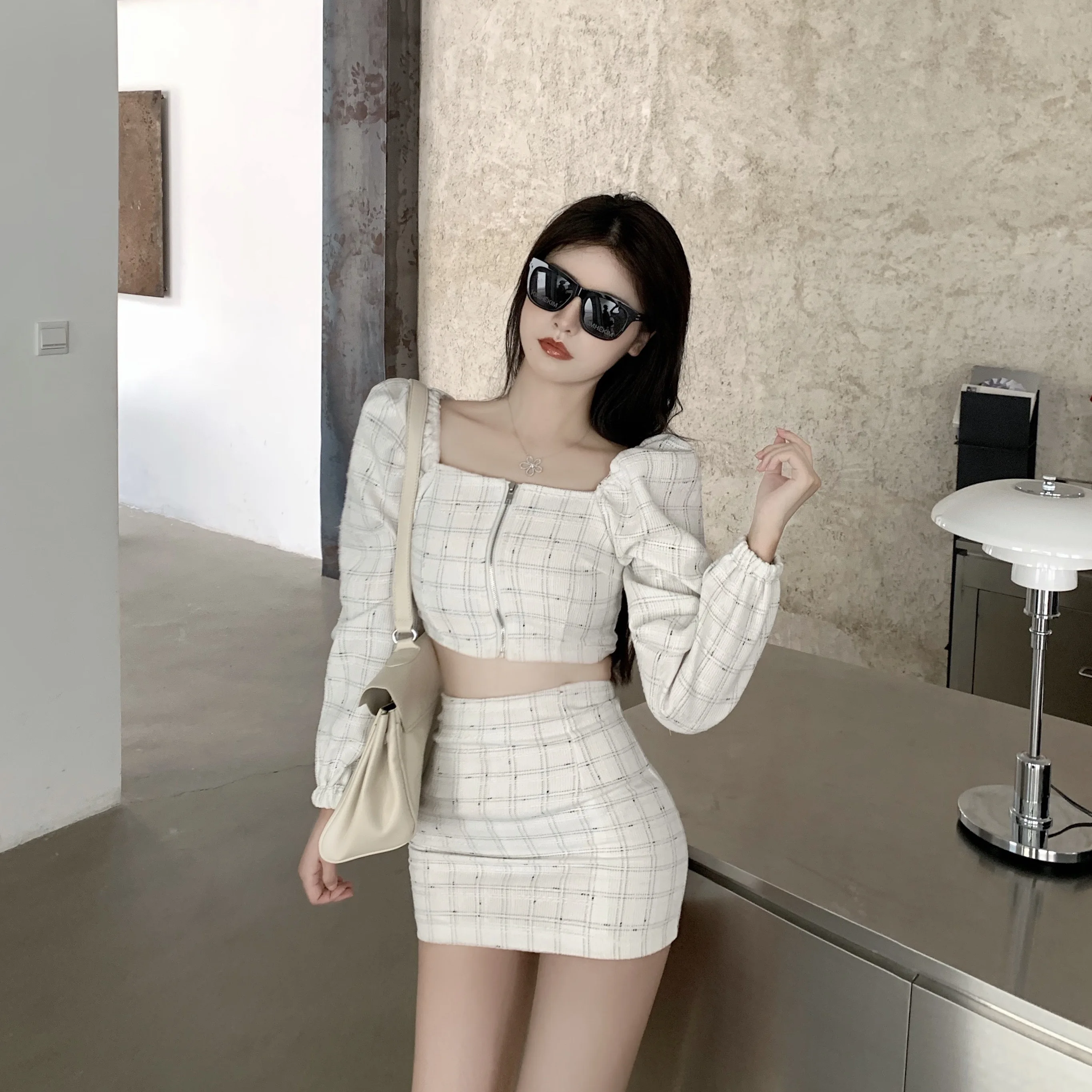 

Plaid Tracksuit Women 2 Piece Set Casual 2021 Short Top Shirts+ Mini Skirt Matching Sets Outfits New
