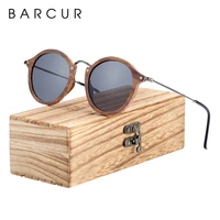 barcur vintage natural black walnut sunglasses round polarized wooden sun glasses men women oculos de sol masculino