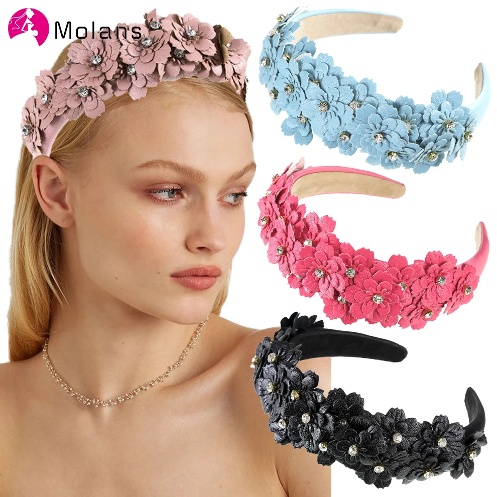 

Женский ободок из искусственной кожи с цветами molan, однотонный ободок для волос из искусственной кожи, стразы, широкий ободок, модные аксесс...