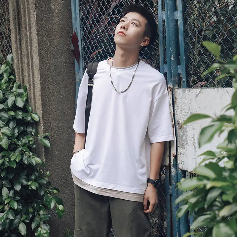 

Solid T Shirt Summer Male Tops Tees Streetwear Casual Harajuku Chinese T Shirts Funny Cool Vintage Fake Two Piece T Shirts Boys