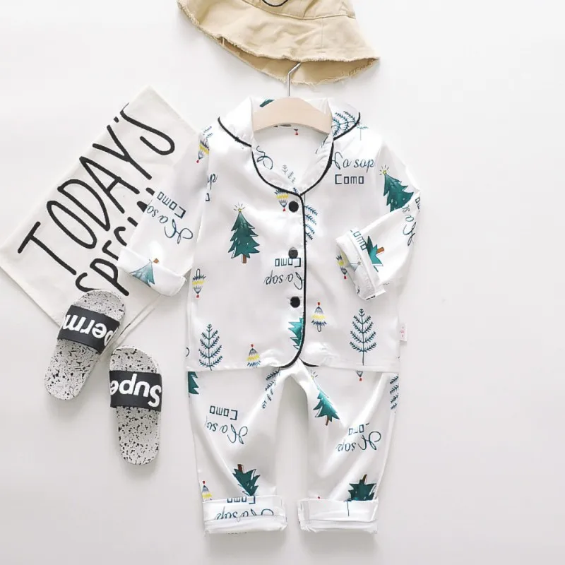 

Summer Boys Pajamas Nightwear Cotton Christmas Tree Print Short Sleeve Silk Blouse Tops Pants Homewear Sleepwear Kid Pajamas Set