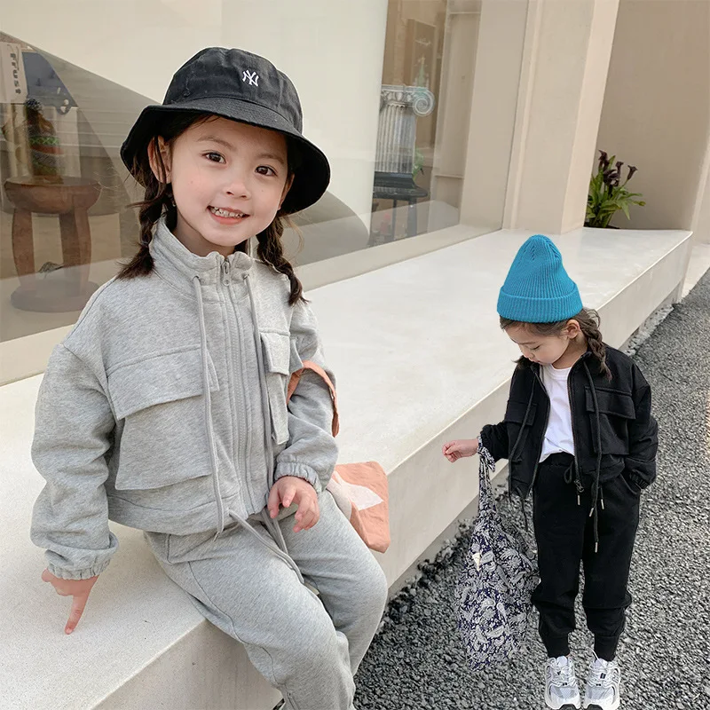 

Sets Coat Zipper Full Sleeve Solid O-neck Collar Cotton Casual New Fashion Comfortable Unisex Children Fit for Kids