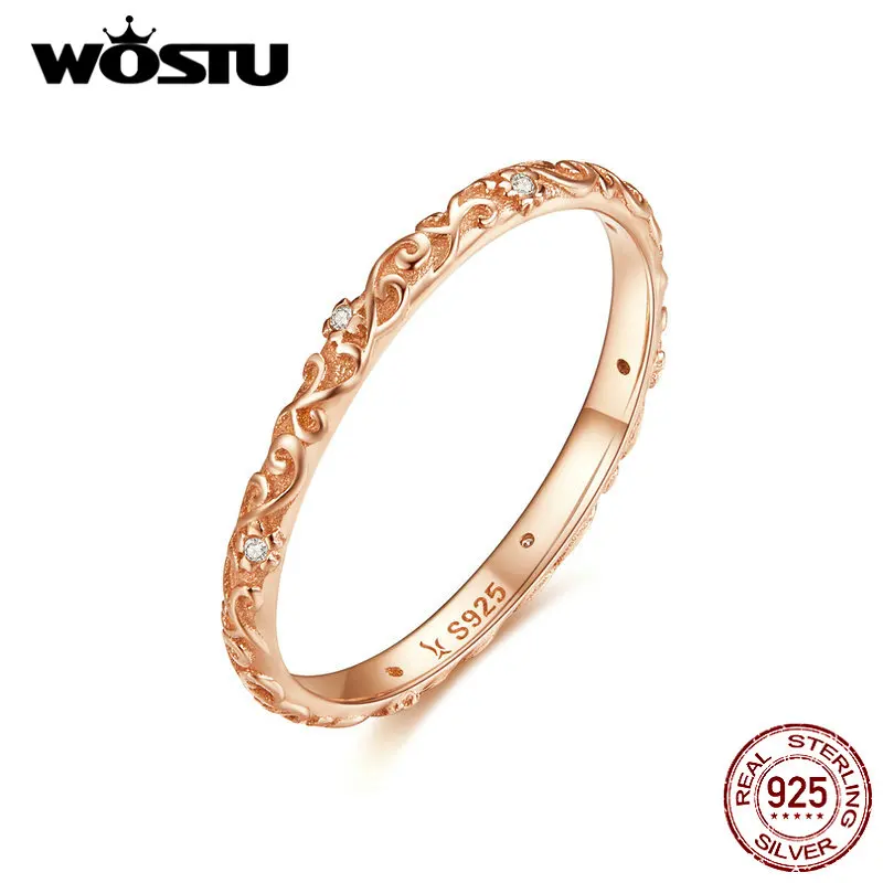 WOSTU, минималистичное кольцо из розового золота, 925 пробы, серебро, прозрачный циркон, нежные кольца на палец для женщин, Свадебные Роскошные ювелирные изделия CQR514