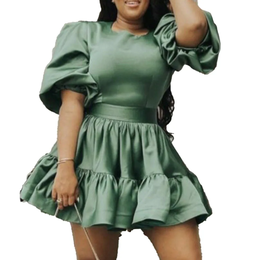 

2021 Summer New African Oversize Women Solid Color Temperament Commute High Waist Ruffle Round Neck Lantern Sleeve Dress