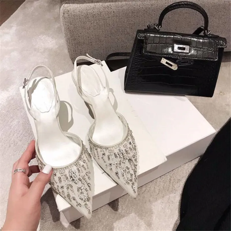 

New 2021 leather rhinestone Baotou women's sandals authentic women's shoes 7CM high heels fashion show 3-8 9 BBZAI
